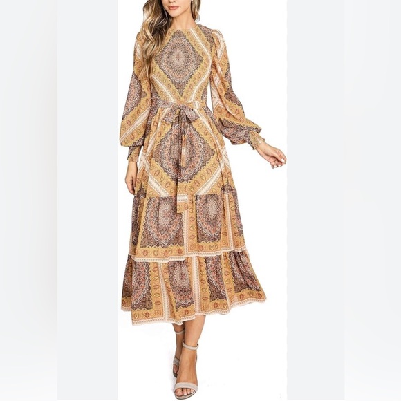 Flying Tomato Dresses & Skirts - Flying Tomato Boho Chiffon Brown Multi Smocked Long Sleeve Maxi Dress